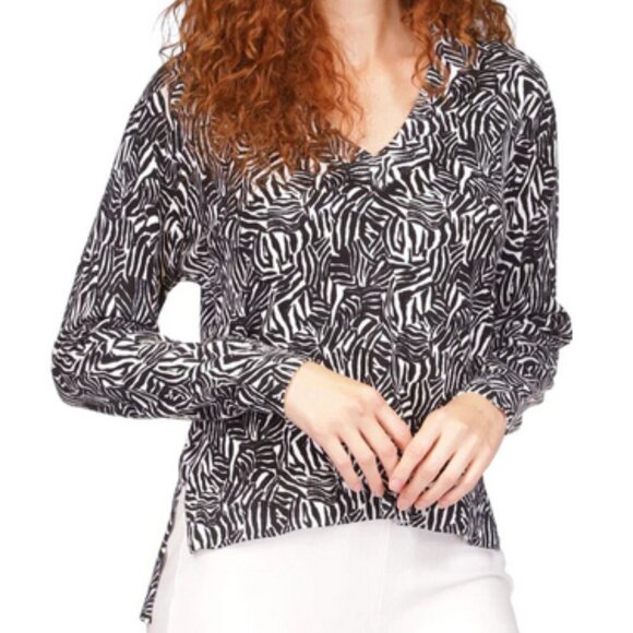 Michael Michael Kors Long Sleeve Black White Zebra Print V-Neck Sweater Large - Picture 2 of 15